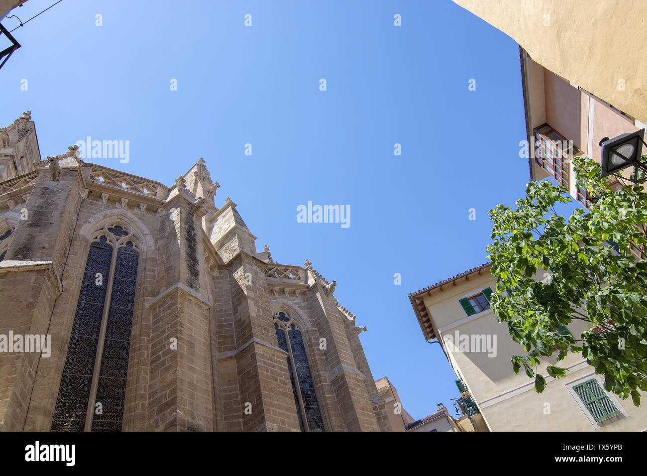PALMA, MALLORCA, SPAIN - MAY 20, 2019: Basilica Sant Francesc detail against sky on May 20, 2019 in Palma, Mallorca, Spain. Stock Photo