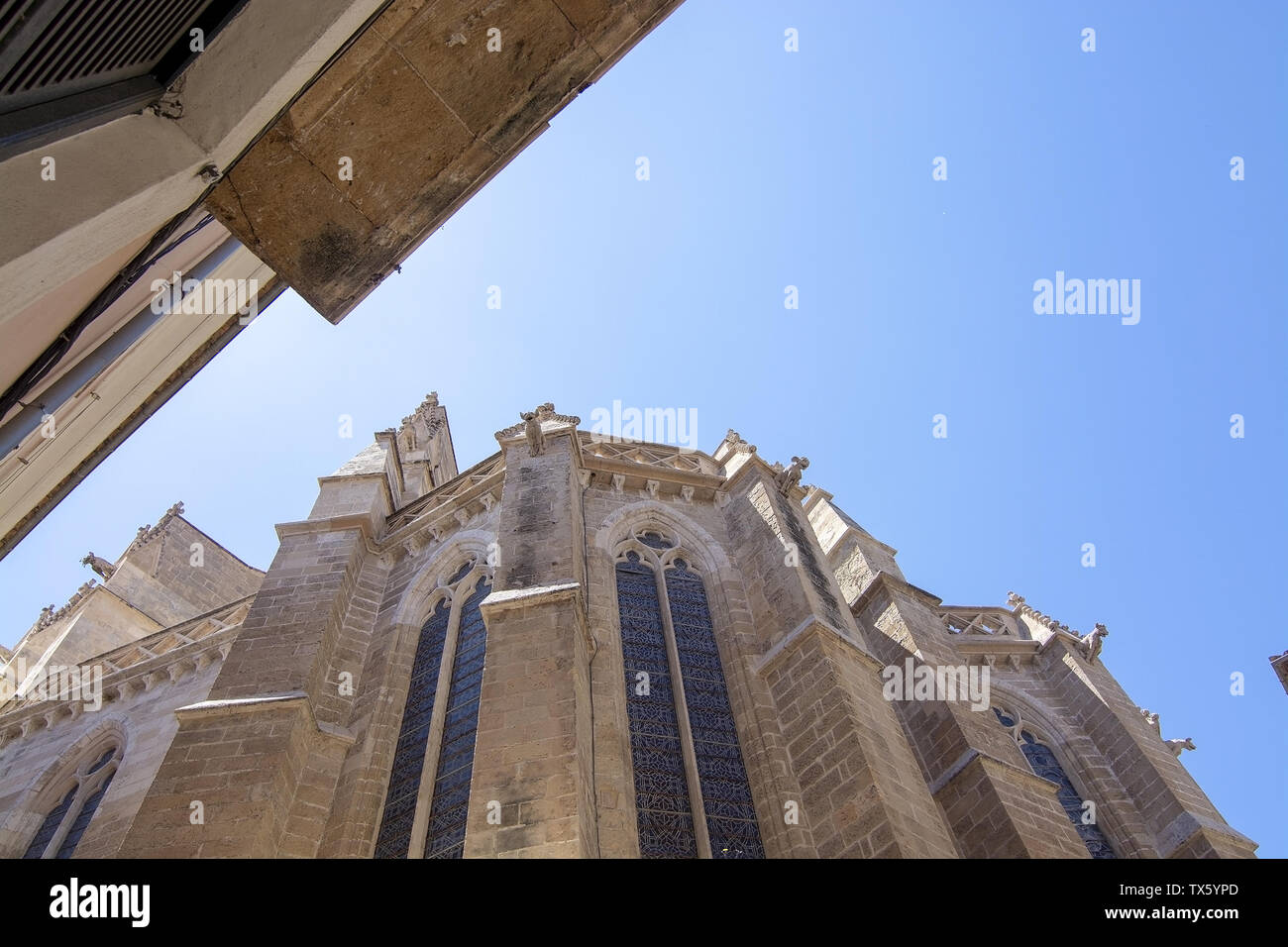 PALMA, MALLORCA, SPAIN - MAY 20, 2019: Basilica Sant Francesc detail against sky on May 20, 2019 in Palma, Mallorca, Spain. Stock Photo