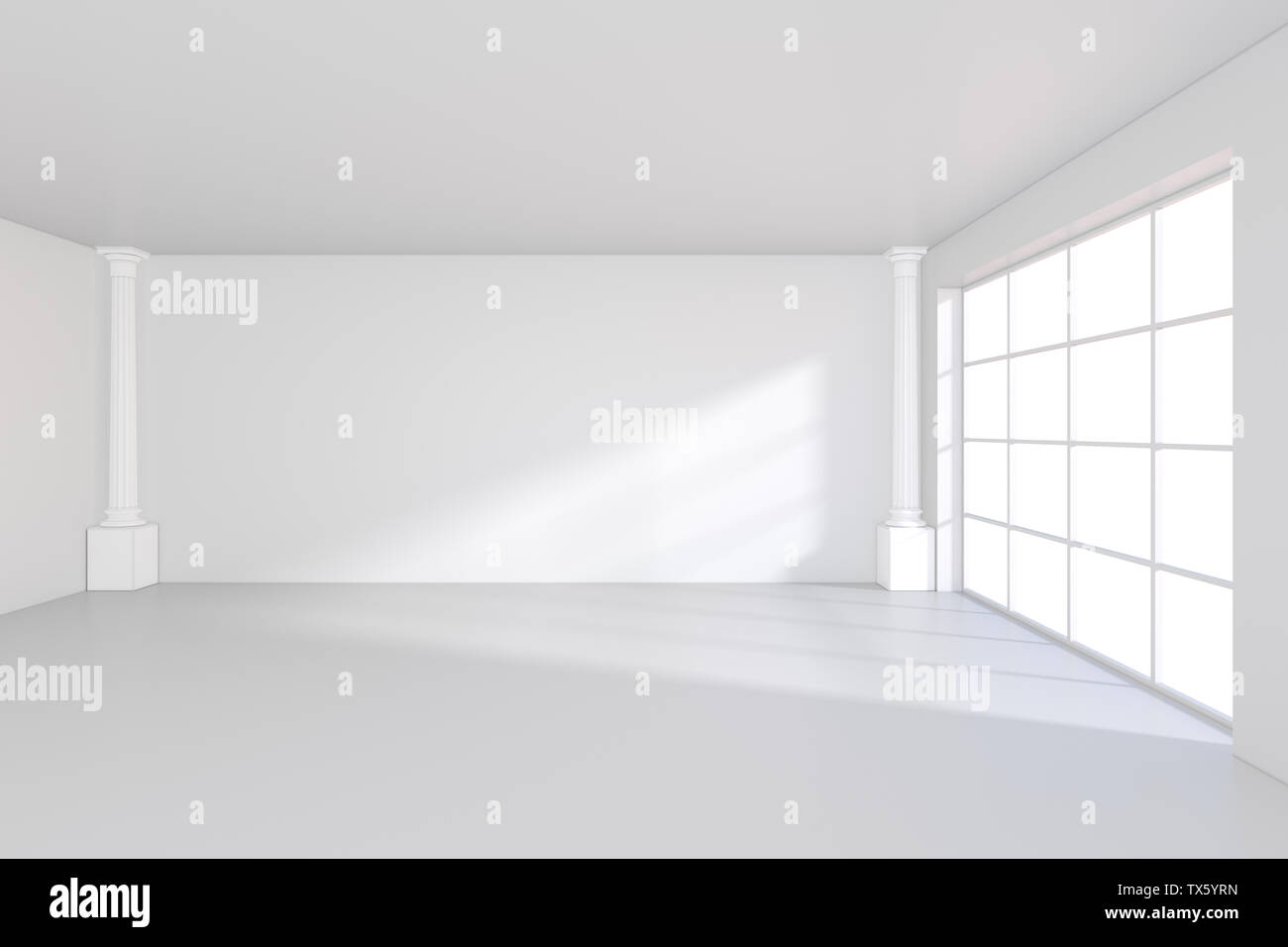 Empty White Room With Large Stained Glass Windows 3d Rendering