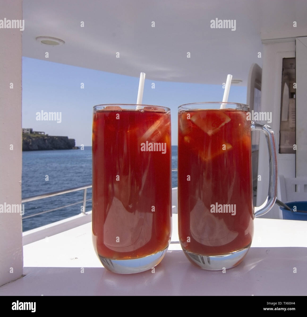 MALLORCA, SPAIN - JUNE 23, 2019: Sangria bar on tourboat Tropical with Cruceros Cormoran on a sunny day at sea on June 23, 2019 in Mallorca, Spain. Stock Photo
