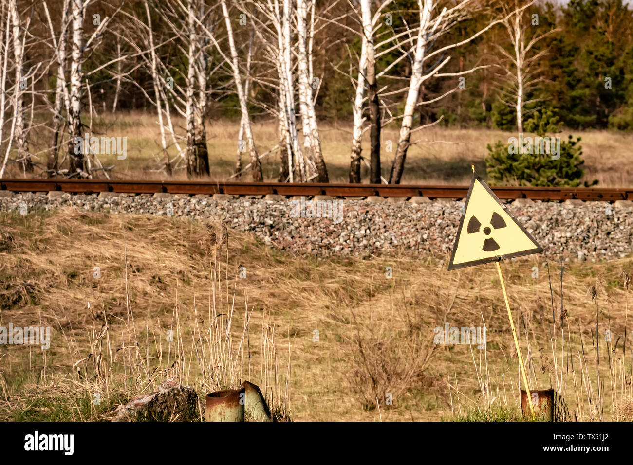 Ionizing Radiation sign near Chernobyl nuclear power plant zone of alienation, Ukraine Stock Photo