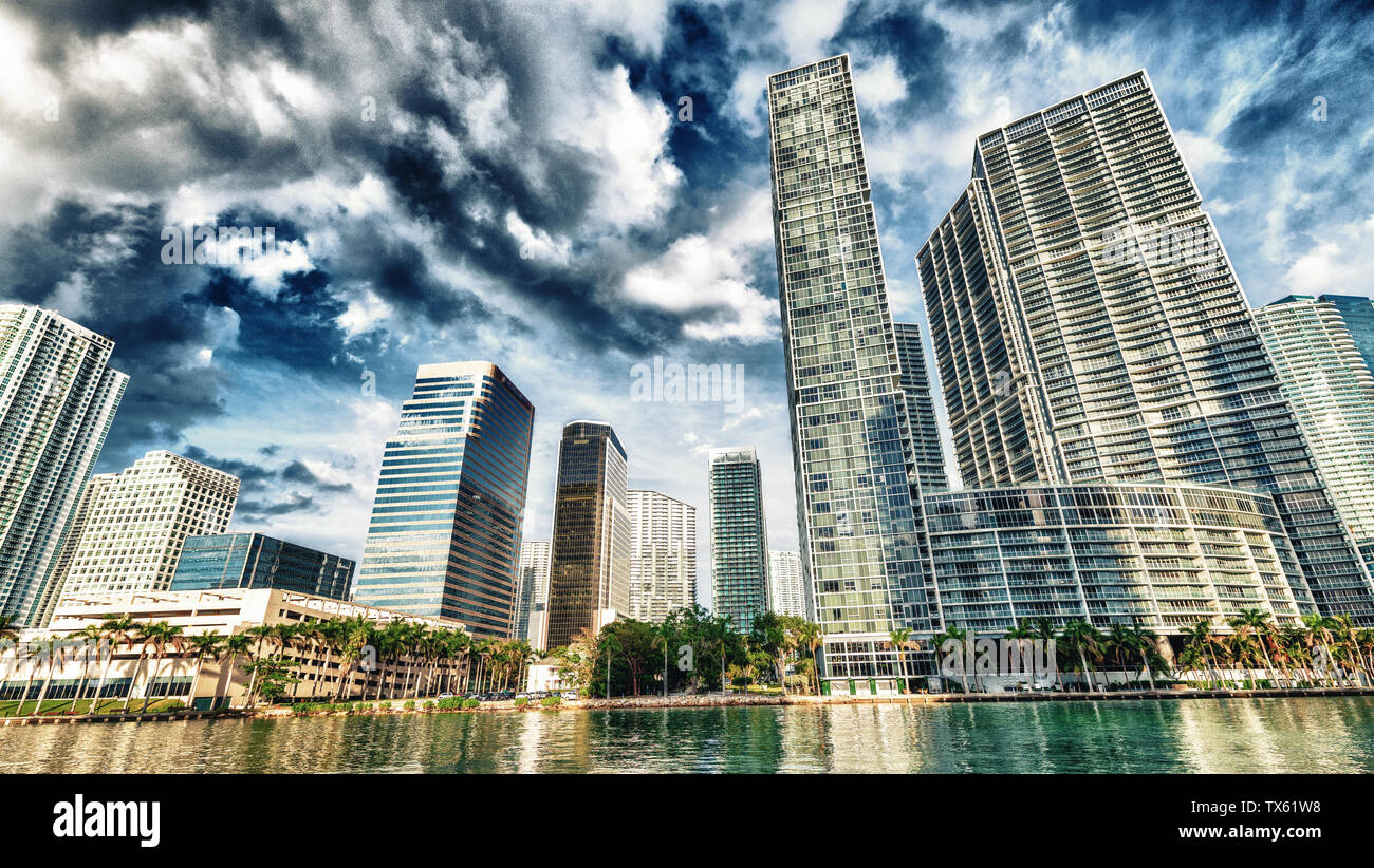 Downtown Miami skyline from Brickell Key on a beautiful sunny day, Florida. Stock Photo