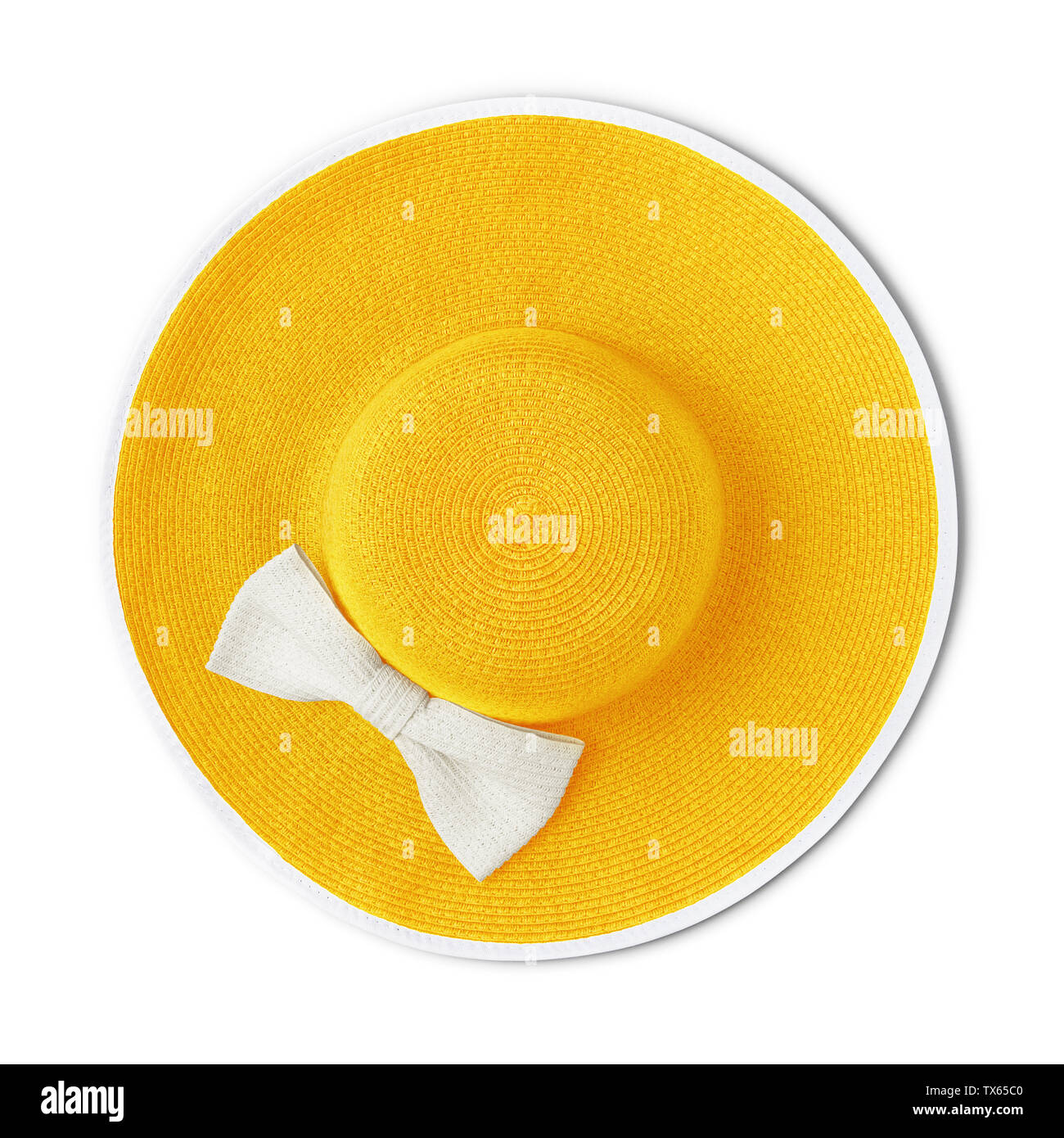 top view summer beach round straw yellow hat with white bow isolated on ...