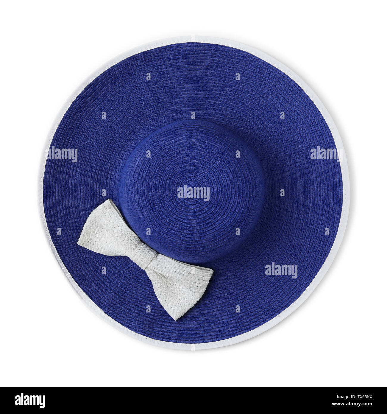 top view summer beach round straw blue hat with white bow isolated on ...