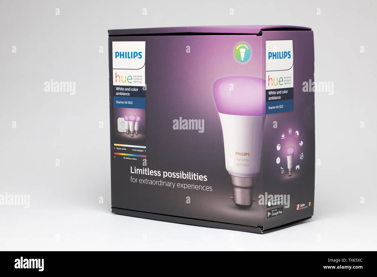 Philips Hue smart light bulbs and ambiance B22 bayonet fitting Stock Photo