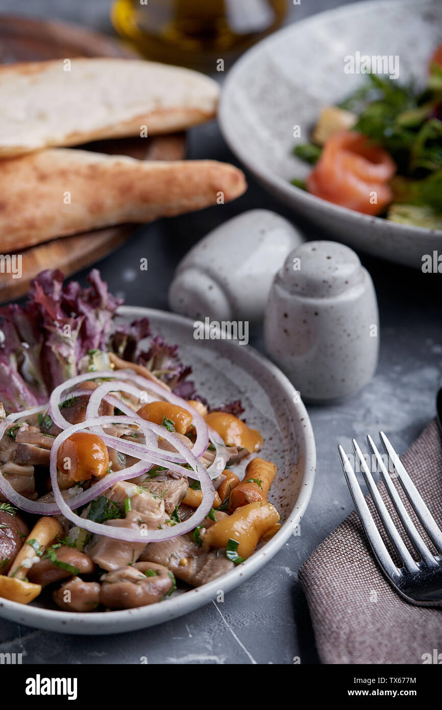 marinated mushrooms and onions in a plate on a grey background Stock