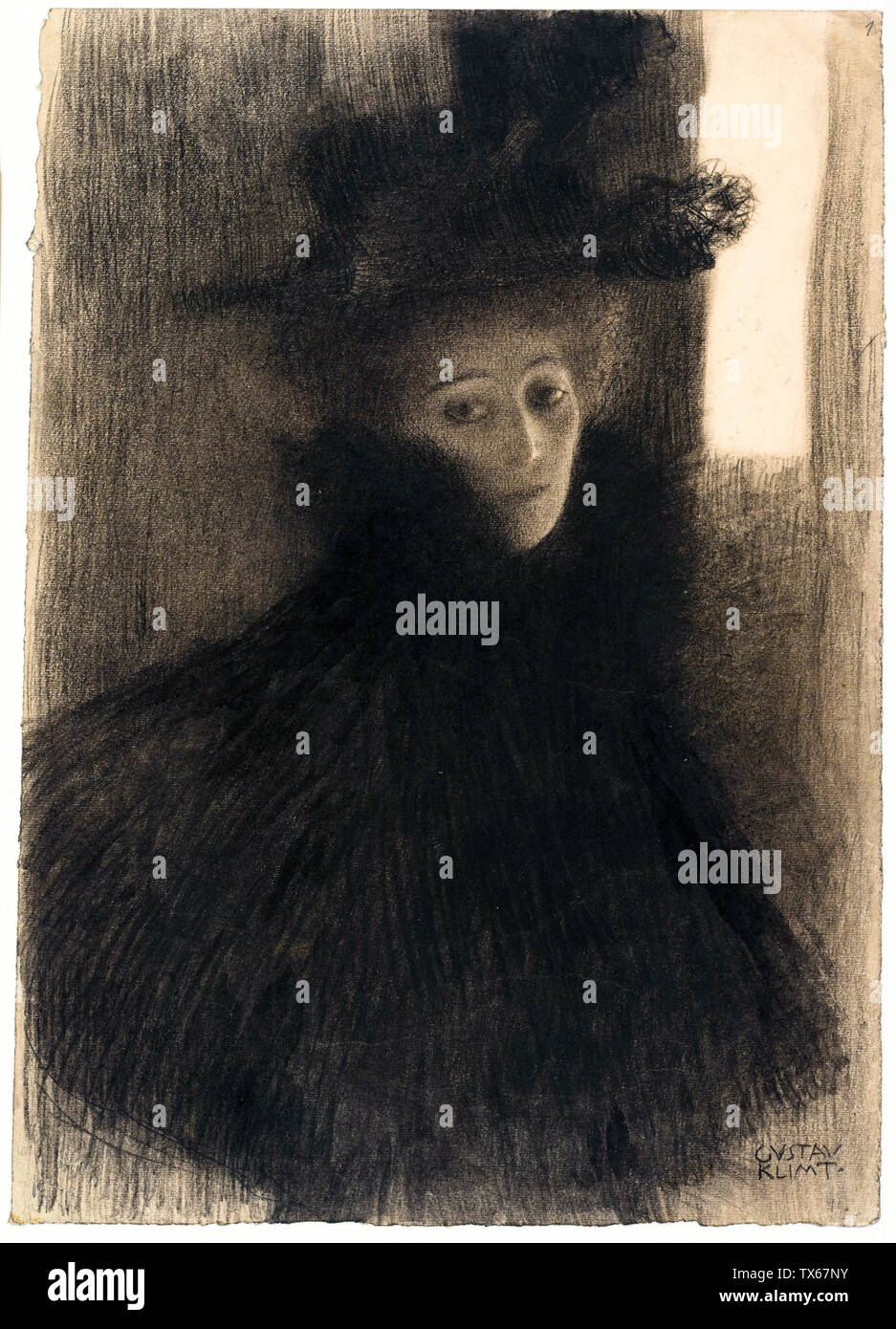 Gustav Klimt, Portrait of a Lady with Cape and Hat, drawing, circa 1897 Stock Photo