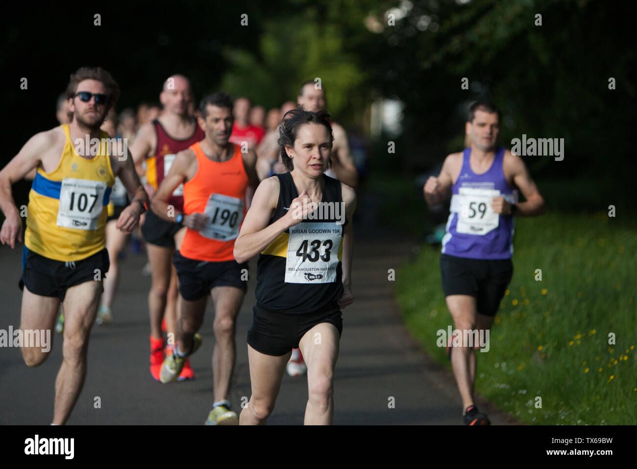 The Brian Goodwin Memorial 10km road race, hosted by Bellahouston Harriers running club, and held in scenic Pollok Country Park, in Glasgow, Scotland, on 21 June 2019. Stock Photo