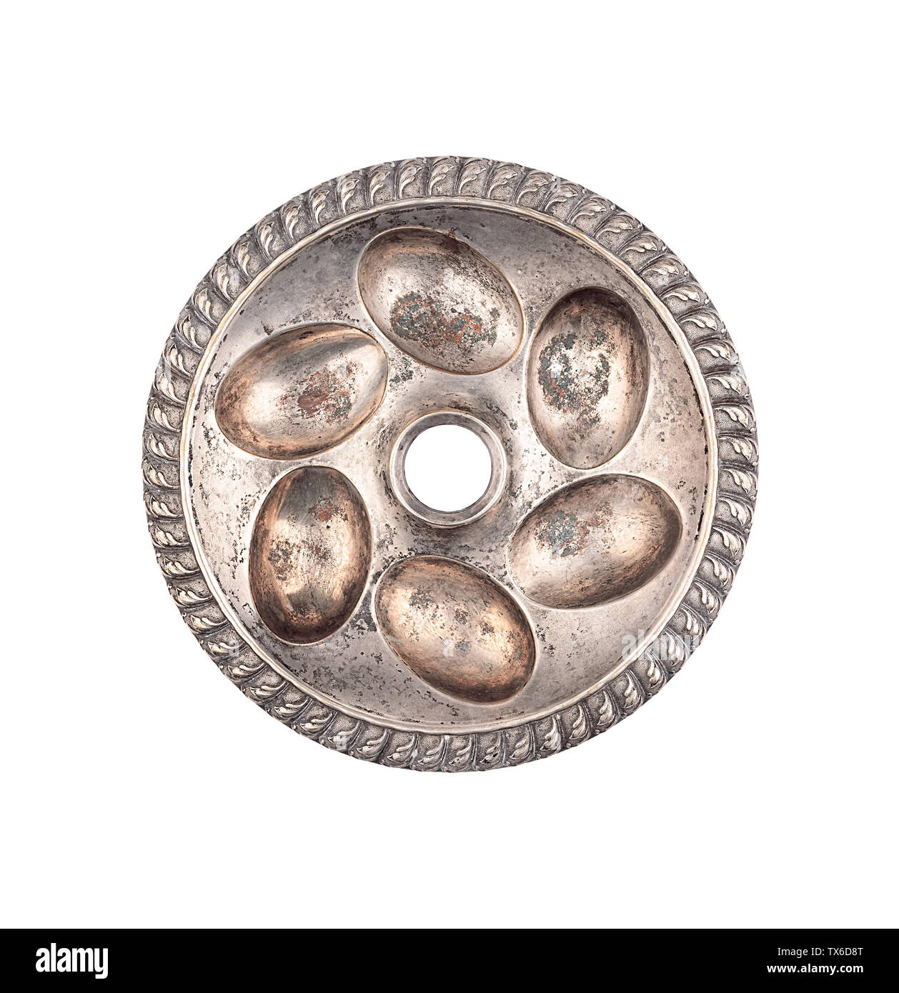 Silver stand plate for Easter eggs top view isolated Stock Photo