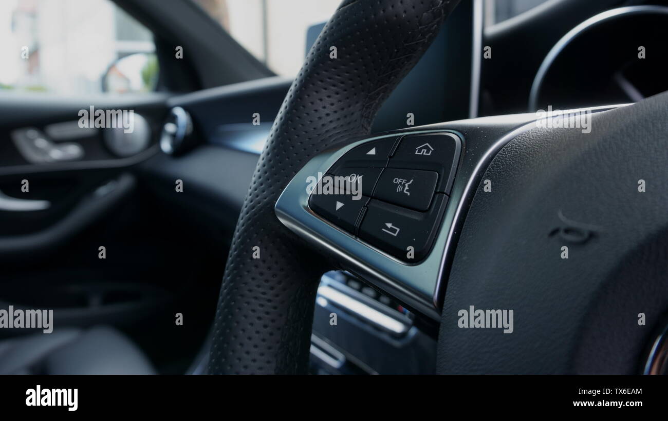 Controls on the steering wheel of a right hand drive car Stock Photo