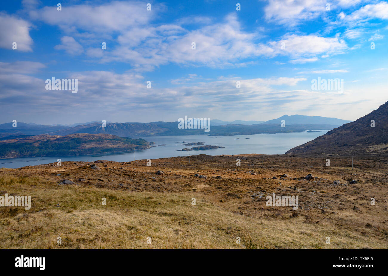 View from top of Bealach na ba pass from Applecross on West Coast of Scotland Stock Photo
