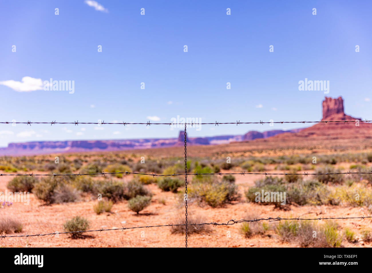 Monument Valley, Navajo Tribal Park in the Arizona-Utah border, United States of America. Wire mesh against blur red rocks and blue sky background Stock Photo