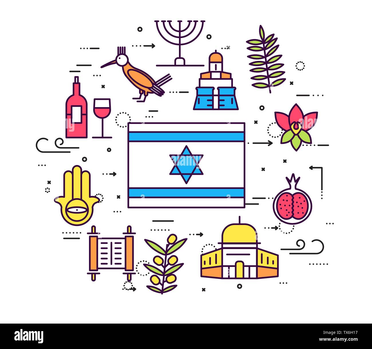 Country Israel travel vacation guide of goods, place and feature. Set of architecture, fashion, people, item, nature background concept. Circle traditional ethnic flat, outline, thin line icon Stock Vector