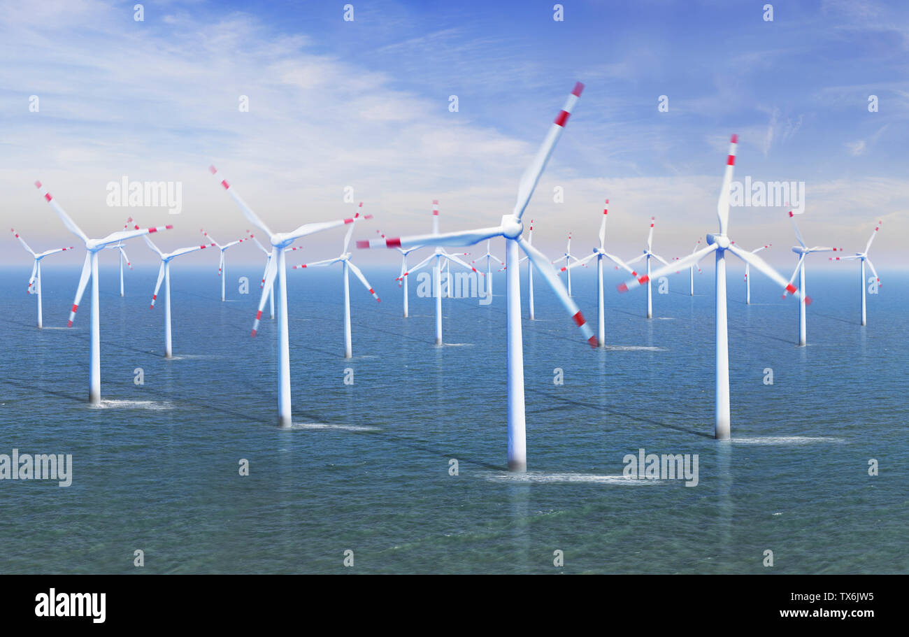 Elevated view of a wind farm at sea Stock Photo