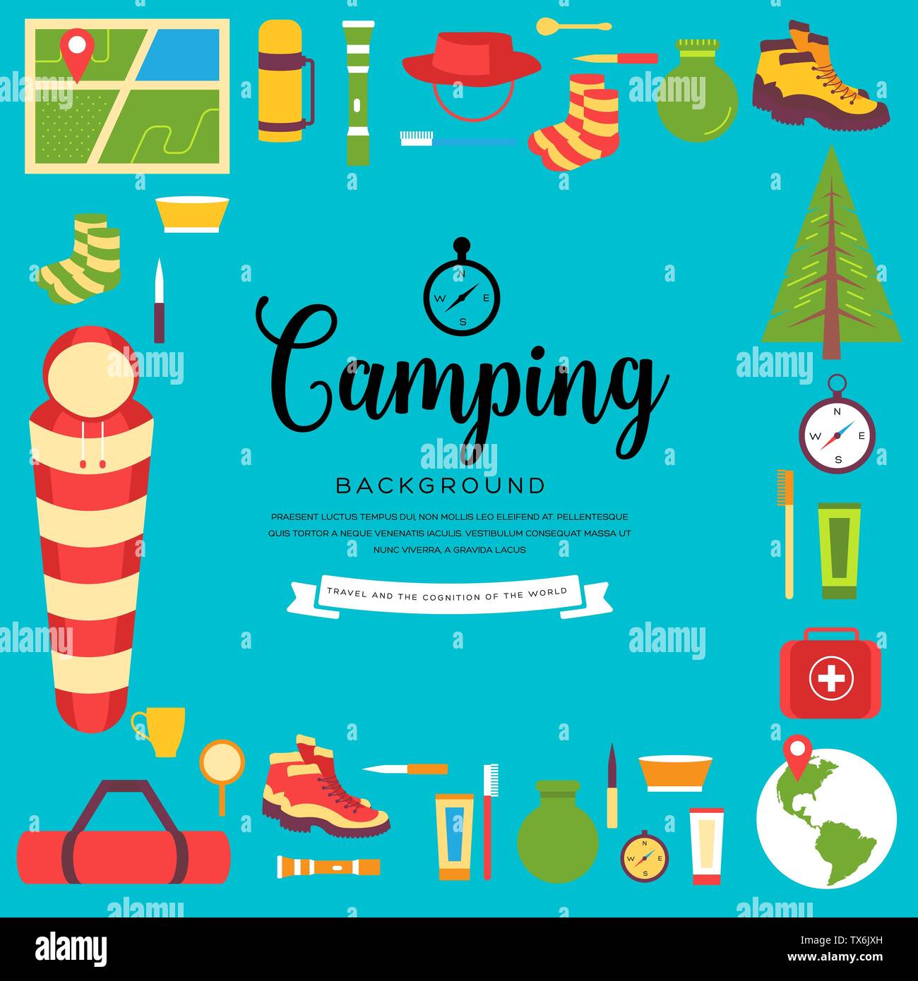 Camping equipment set circle infographics template concept. Icons for
