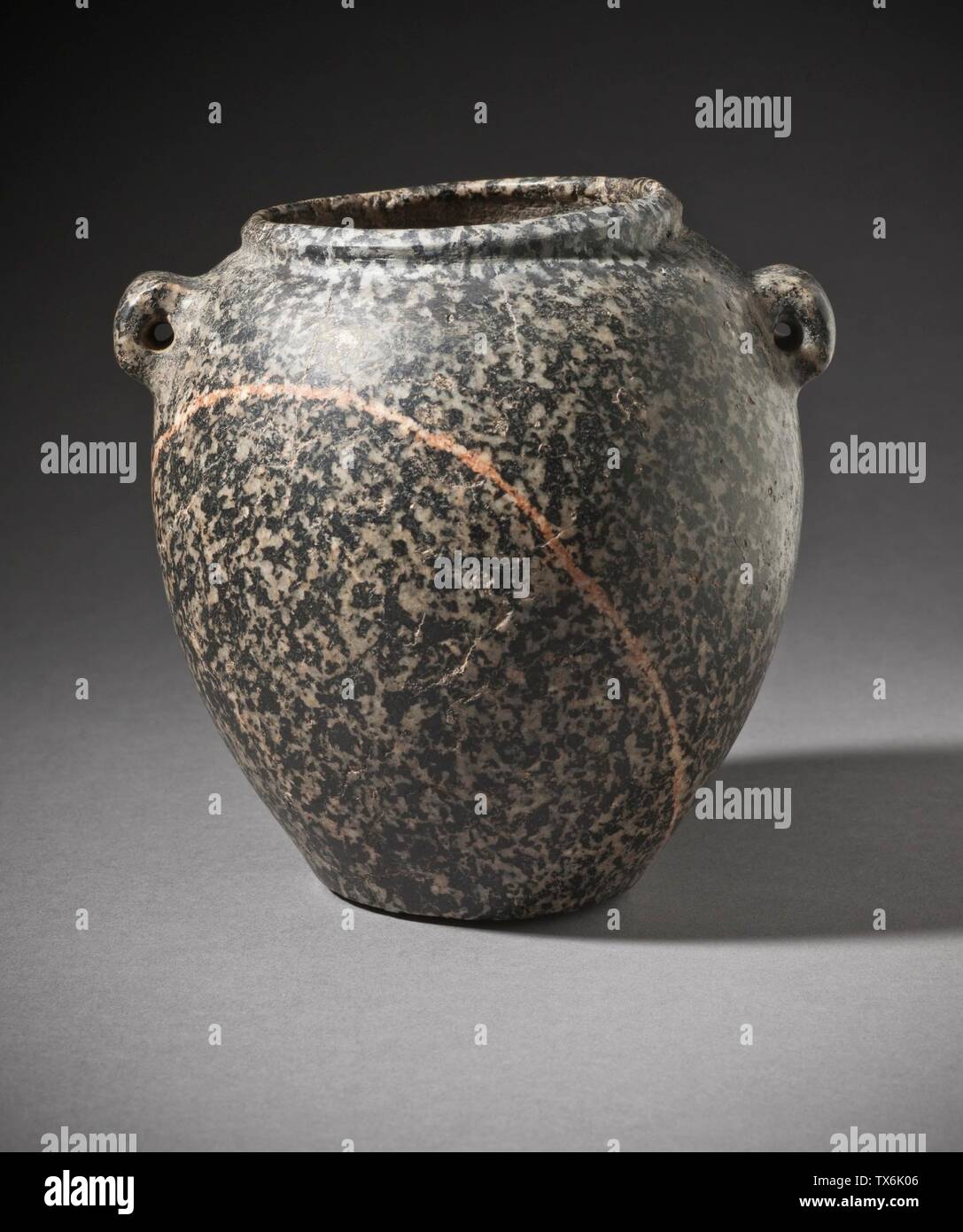 Jar with Lug Handles; Egypt, Naqada II Period (3500-3050 B.C.) Furnishings; Serviceware Diorite Height: 5 1/8 in. (13.02 cm) The Phil Berg Collection (M.71.73.54) Egyptian Art Currently on public view: Hammer Building, floor 3; Naqada II Period (3500-3050 B.C.); Stock Photo