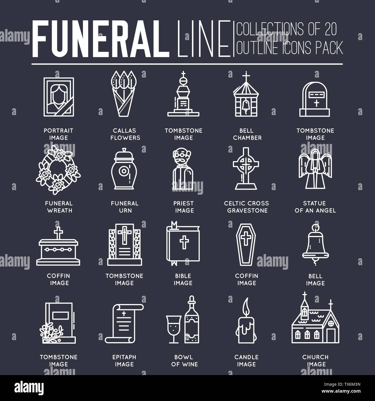 Thin lines collection icons set dedicated to funeral, death, and cemetery. Vector outline ritual attributes for life of people background Stock Vector