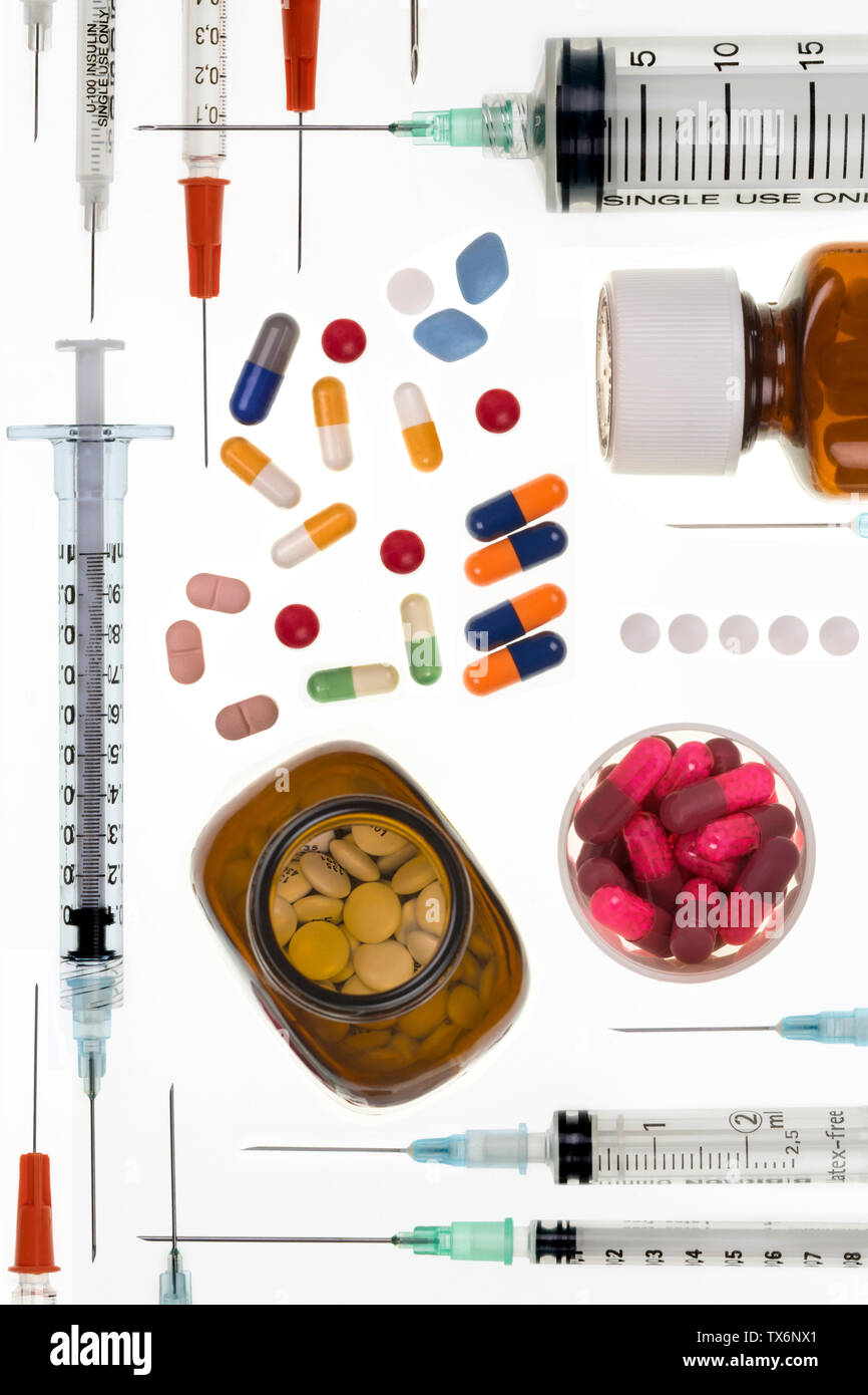 Medical selection of drugs, syringes and hypodermic needles Stock