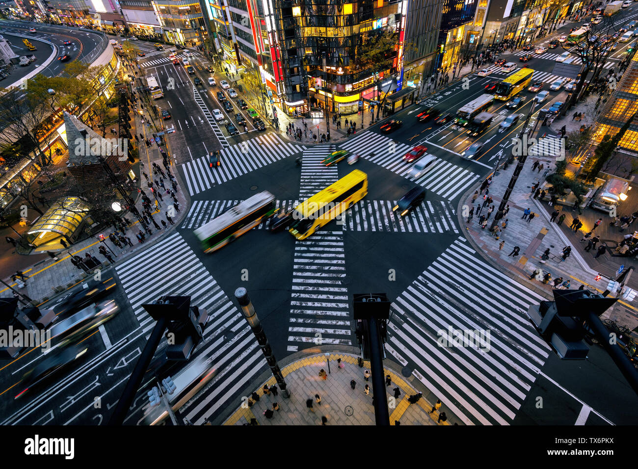 Aerial view of intersection in Ginza, Tokyo, Japan at night. Stock Photo