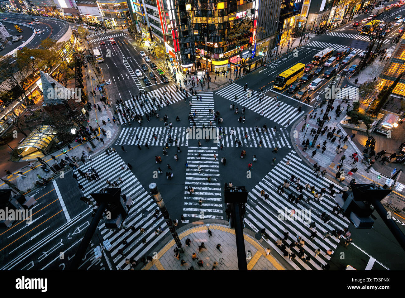 Aerial view of intersection in Ginza, Tokyo, Japan at night. Stock Photo