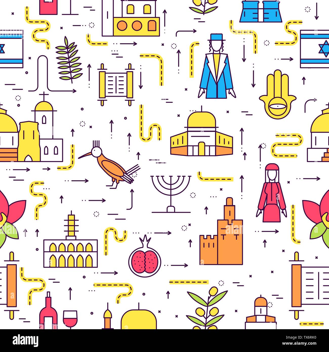Country Israel travel vacation guide of goods, place and feature. Set of architecture, fashion, people, item, nature background concept. Seamless pattern traditional ethnic flat, outline, thin line icon Stock Vector