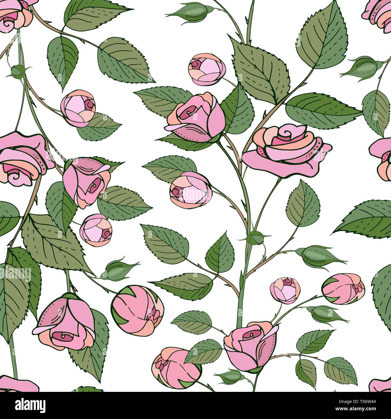 Vector seamless pattern. Endless texture with hand drawn rose branches ...