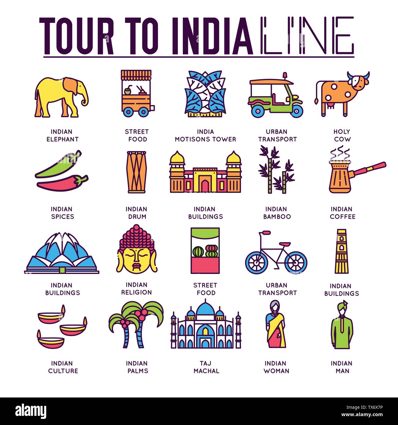 Country Israel travel vacation guide of goods, place and feature. Set of architecture, fashion, people, item, nature background concept. traditional ethnic flat, outline, thin line icon Stock Vector