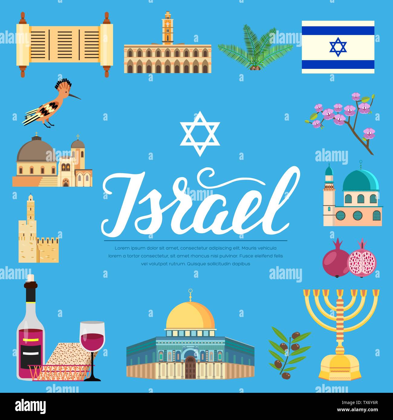 Country Israel travel vacation guide of goods, places and features. Set of architecture, fashion, people, items, nature background concept. Infographic template design on flat style Stock Vector