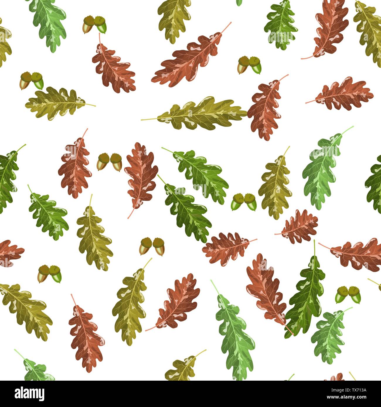 Oak accorn and green brown red leafs seamless pattern autumn background Stock Vector