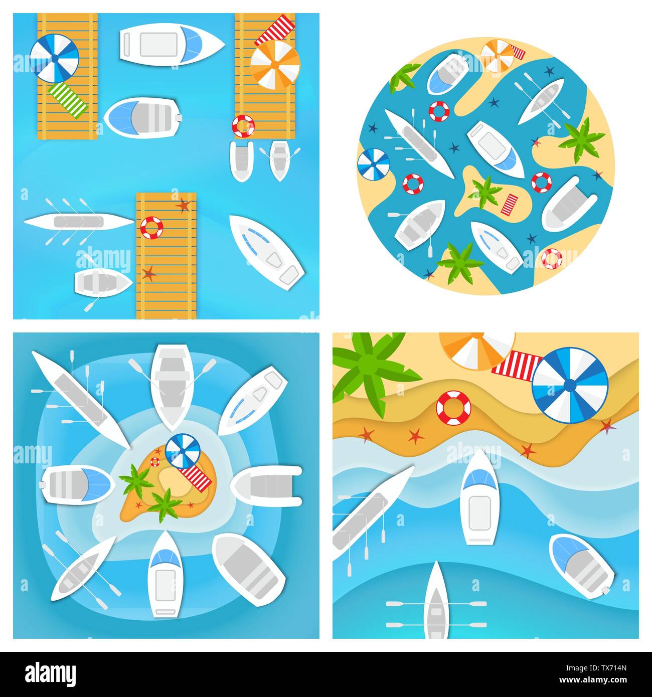 Set of four pictures with boats and yachts. Stock Vector