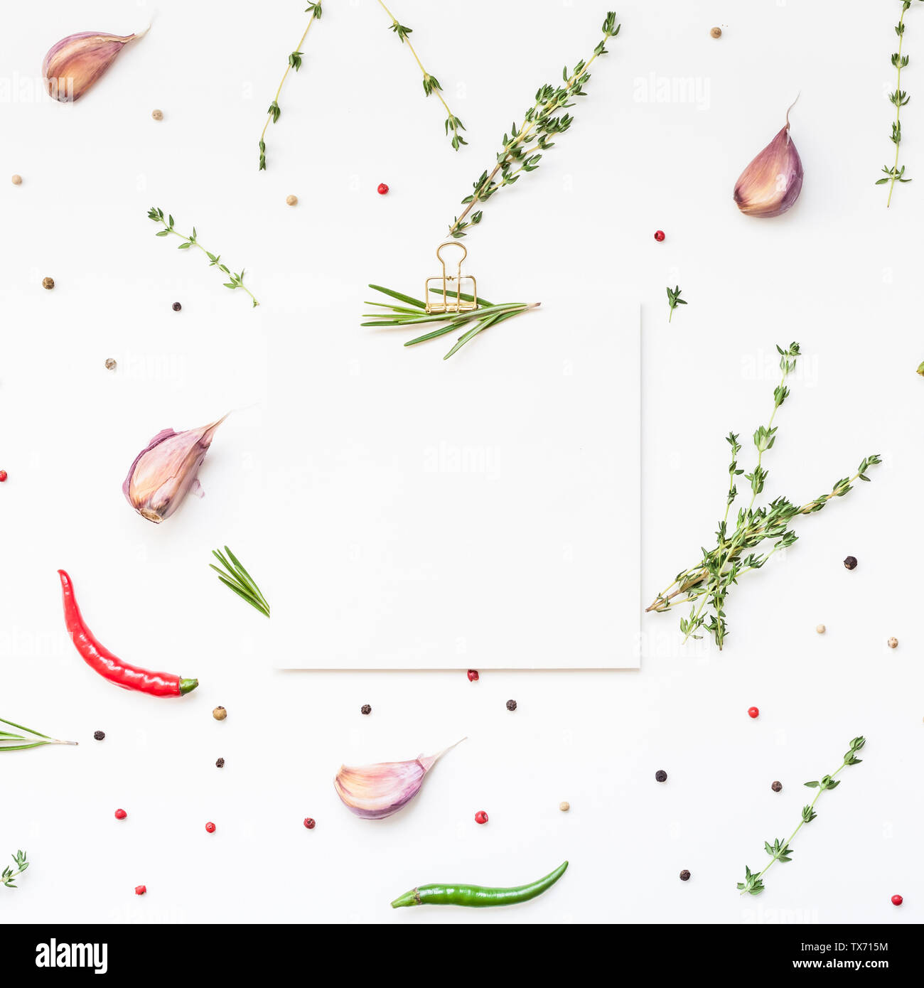 Download Flat Lay Overhead View Blank Recipe Paper Page With Clip Mockup Text Space Invitation Card On White Background With Greens Herbs And Spices Menu Reci Stock Photo Alamy