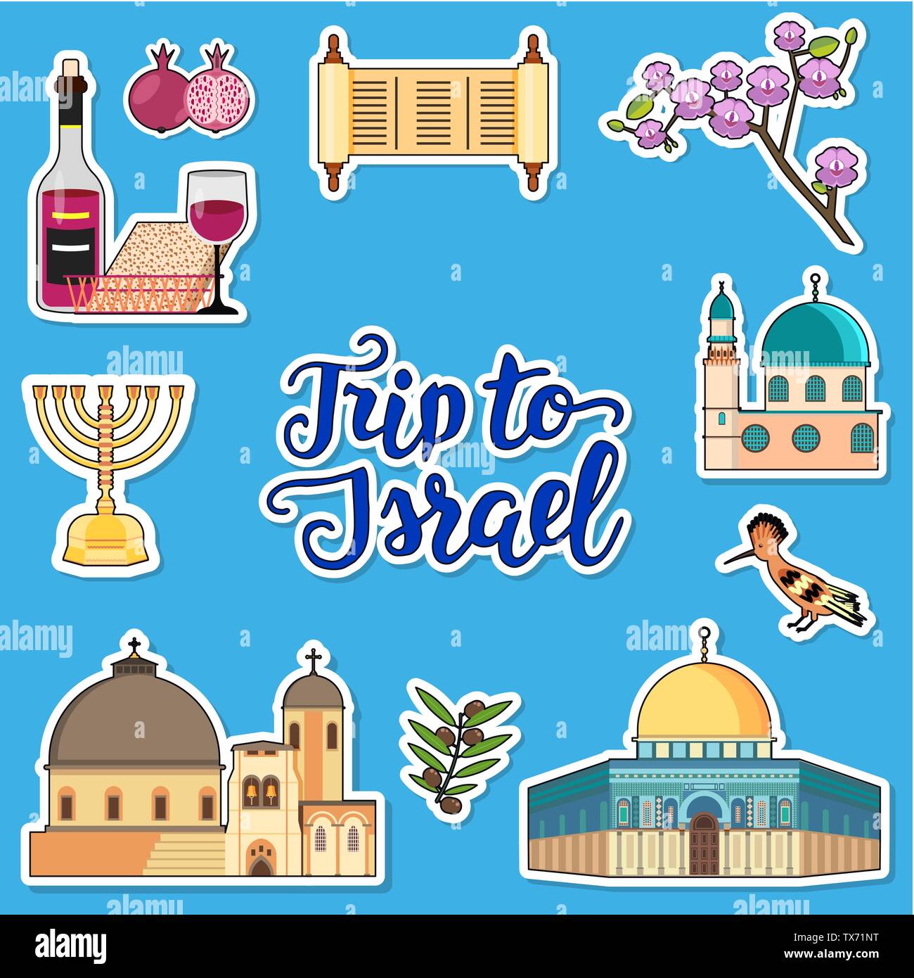 Country Israel travel vacation guide of goods, places and features. Set of architecture, fashion, people, items, nature background concept. Infographic template design on flat sticker style Stock Vector