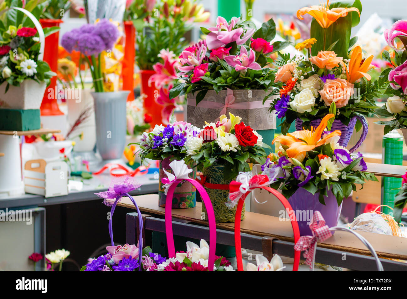 Various flower arrangements in small decorative pots on the marketplace counter in Belgrade. Stock Photo