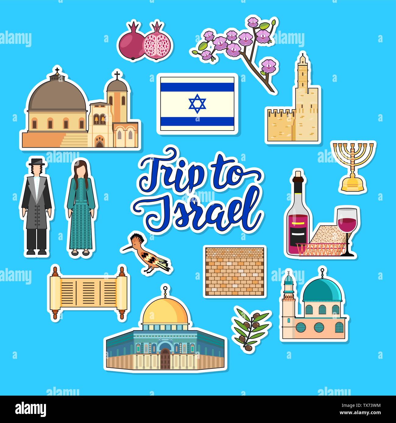 Country Israel travel vacation guide of goods, places and features. Set of architecture, fashion, people, items, nature background concept. Circle template design on flat sticker style Stock Vector