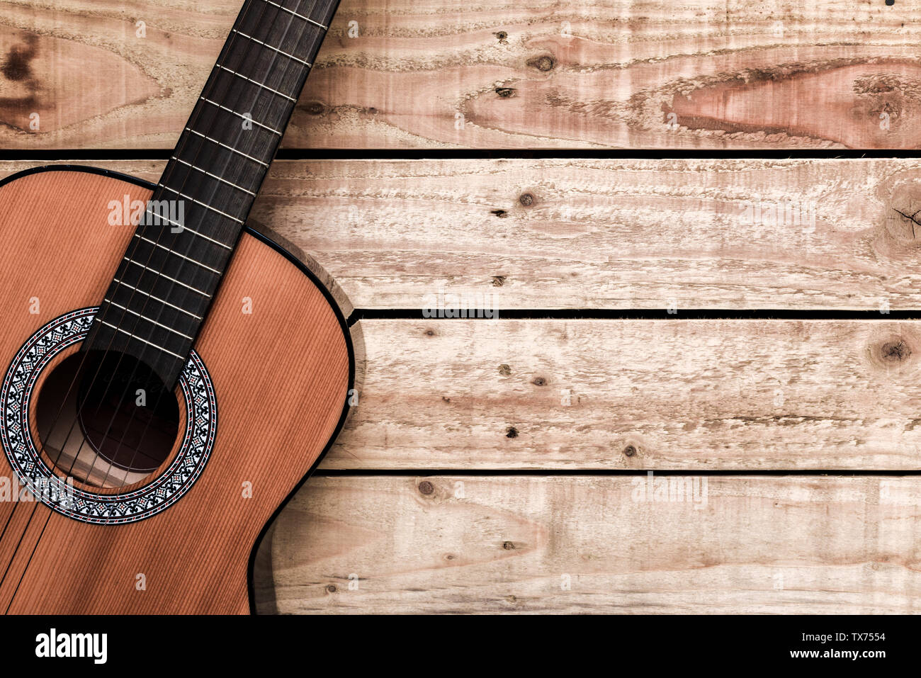Acoustic guitar on vintage style wood background. Copy space with