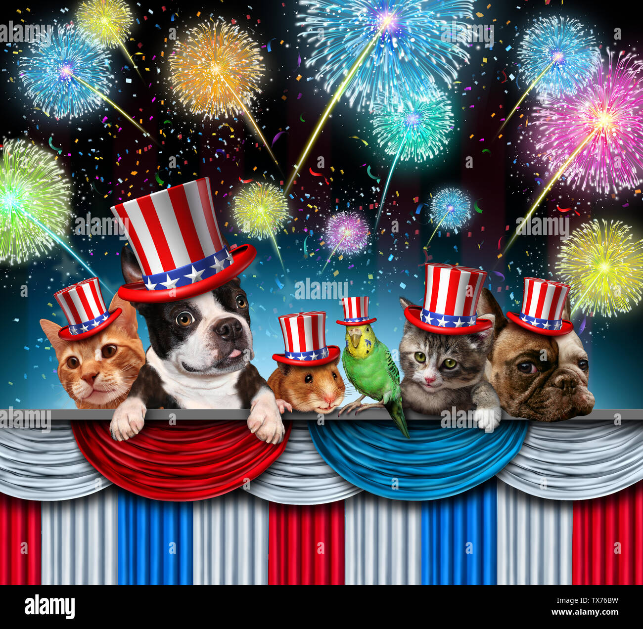 Fourth of July pet celebration and Independence day pets celebrating the United States and national federal holiday with dog puppy cat and kitten. Stock Photo