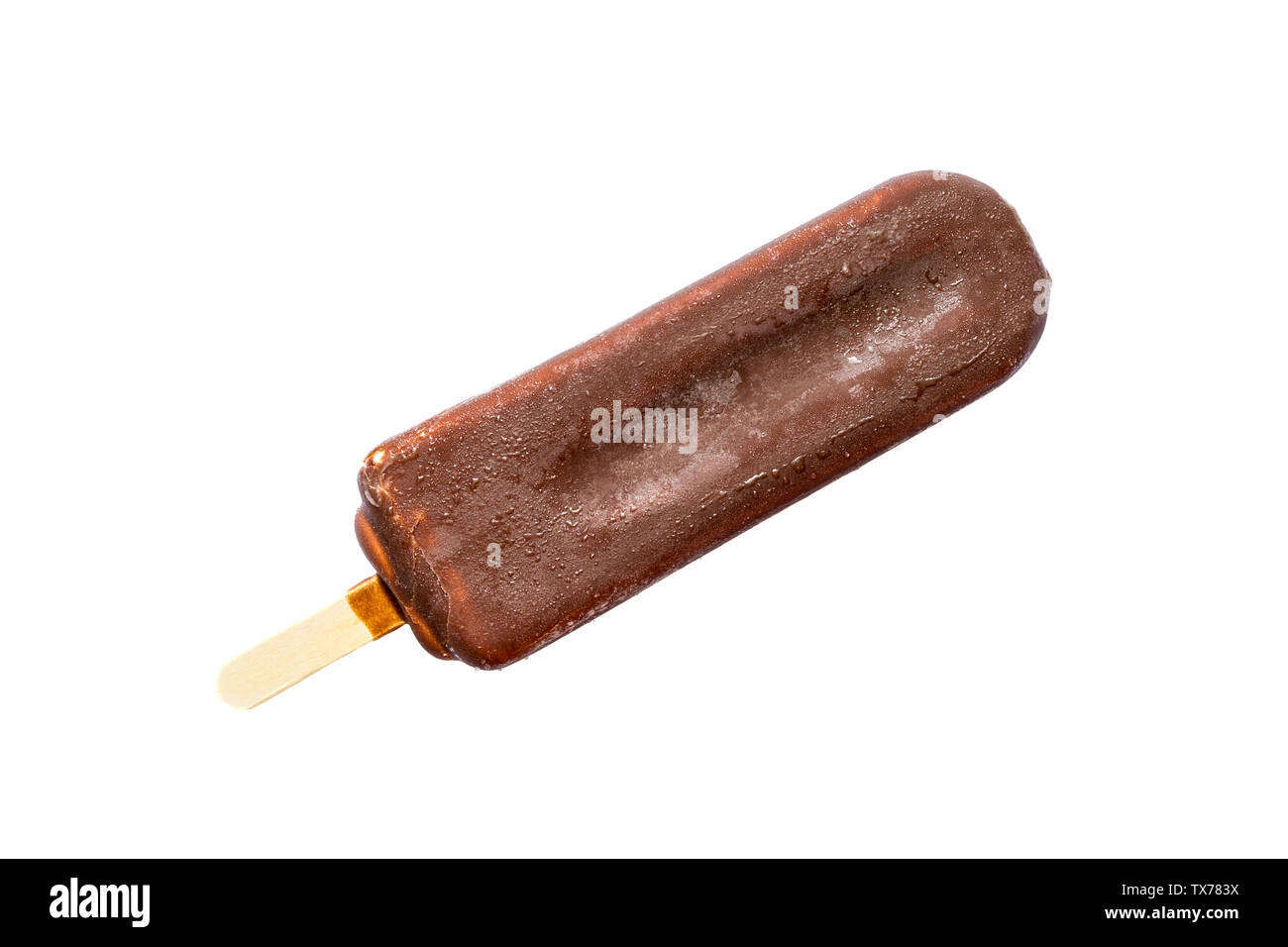 Ice cream lolly in chocolate glaze closeup with condensate isolated on