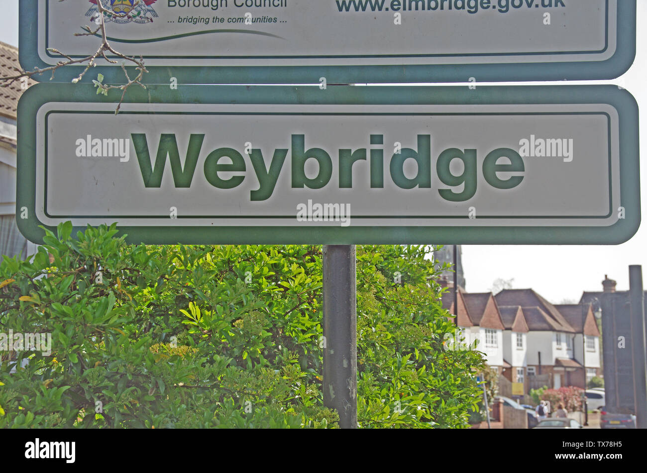 Weybridge Town Sign Surrey Stock Photo Alamy