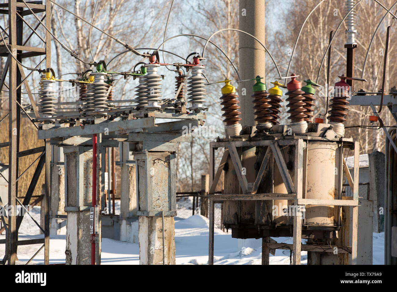 High voltage electric power substation Stock Photo