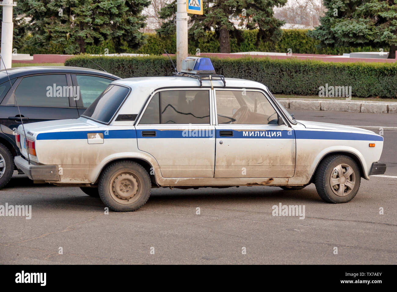Police car on 25 October Street, Tiraspol, Transnistria, Moldova Stock Photo