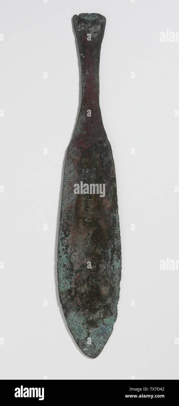 Knife with Modern Inscription; Egypt, 18th Dynasty (1545 - 1372 BCE) Arms and Armor; knives Bronze Length: 7 5/16 in (18.5 cm); Width: 1 5/16 in. (3.4 cm); Thickness:  1/8 in. (2.5 mm) Gift of Carl W. Thomas (M.80.203.28) Egyptian Art; 18th Dynasty (1545 - 1372 BCE); Stock Photo