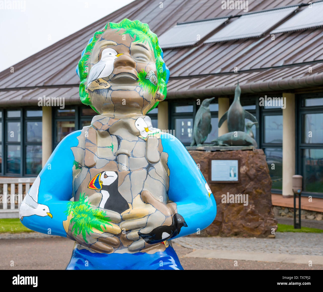 Oor Wullie Big Bucket Art Trail by Hannah Sanguinetti, Scottish Seabird centre, North Berwick, Scotland, UK Stock Photo