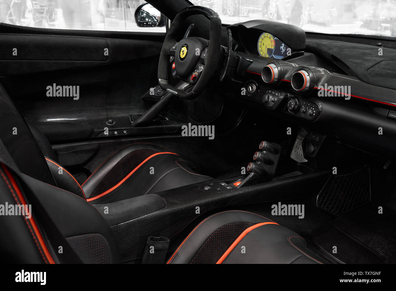 Poznan/Poland- 04.06.2017: interior of Ferrari LaFerrari , V12 gasoline engine with a capacity of 6.3 liters and 800 HP and 163 hp electric engine equ Stock Photo