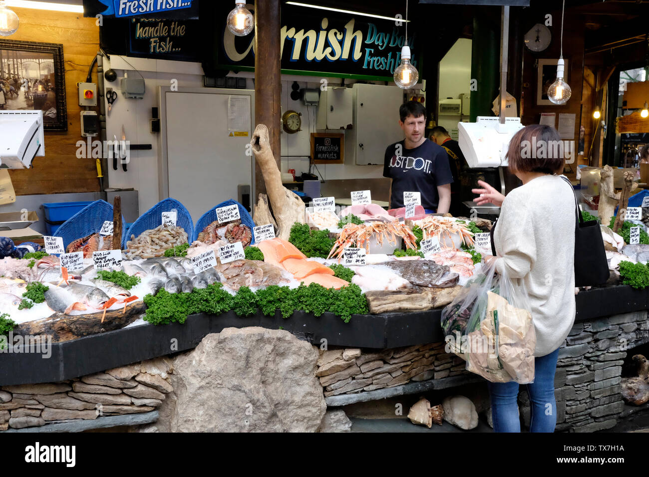 A stall selling fish, Borough market, London Stock Photo