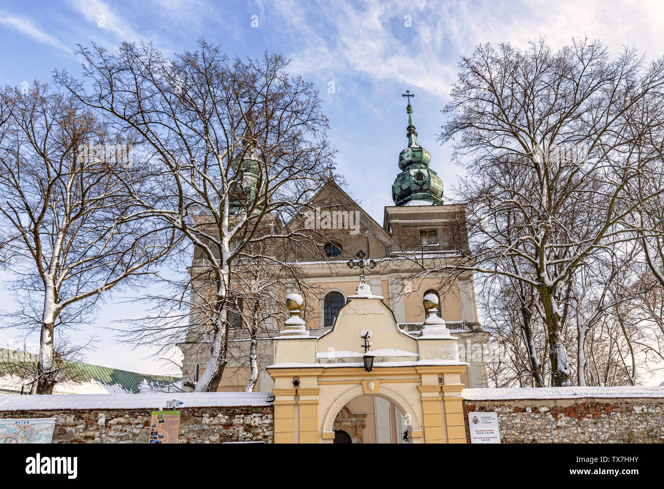 View at the facade of Parish church and monastery in Mstow, Poland Stock Photo