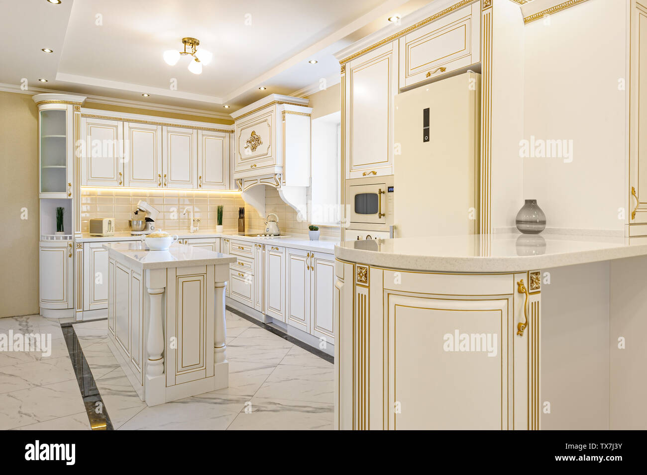neoclassic style luxury kitchen interior with island Stock Photo