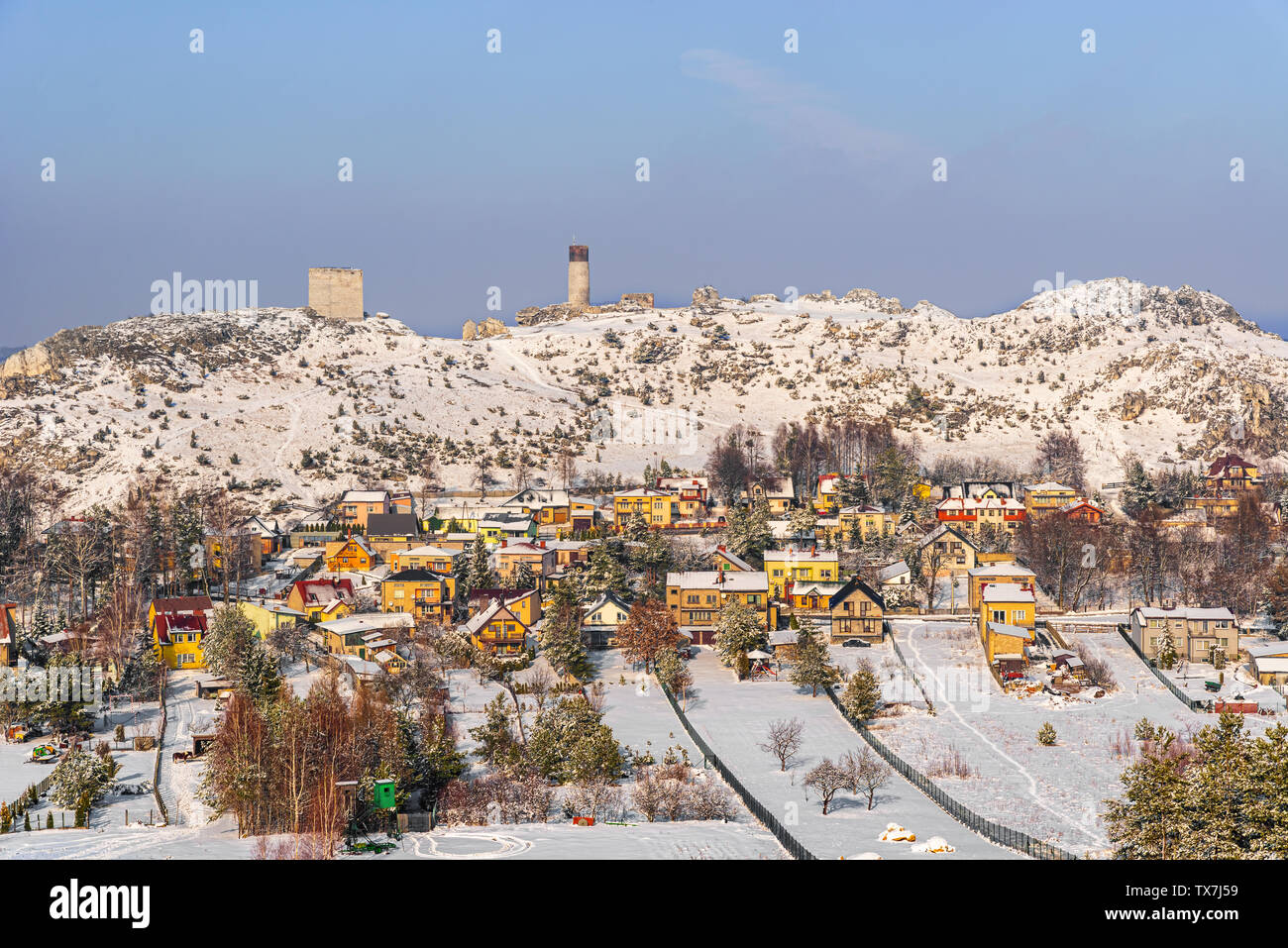 Beautiful winter landscape of the small town and the hills near Czestochowa in southern Poland, January. Stock Photo