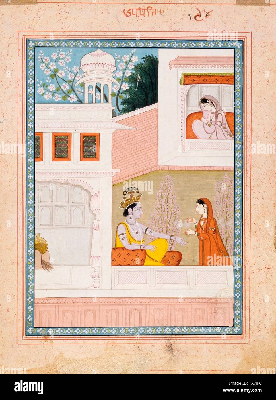 Krishna Talks to Radha's Maidservant, Folio from a Satsai (Seven Hundred Verses) of Bihari Lal;  India, Himachal Pradesh, Kangra, circa 1825 Drawings; watercolors Opaque watercolor, gold, and ink on paper Image:  8 1/4 x 5 7/8 in. (20.95 x 14.92 cm); Sheet:  11 1/8 x 8 1/4 in. (28.25 x 20.95 cm) Gift of Jane Greenough Green in memory of Edward Pelton Green (AC1999.127.5) South and Southeast Asian Art; circa 1825 date QS:P571,+1825-00-00T00:00:00Z/9,P1480,Q5727902; Stock Photo