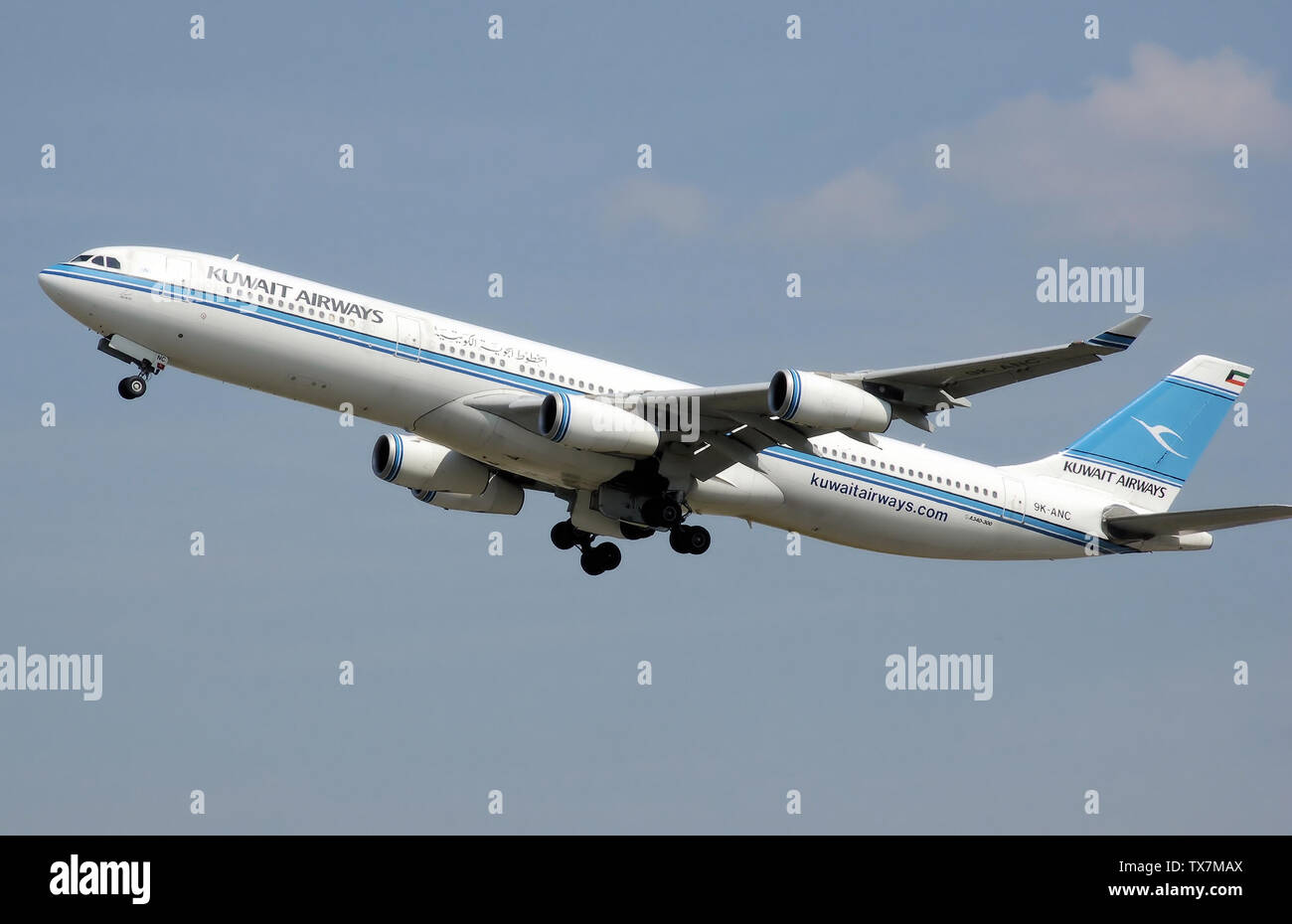 Kuwait Airways Airbus A340-300 (9K-ANC) takes off from London Heathrow Airport. The nosewheel is beginning to retract.; August 2007; Own work; Adrian Pingstone (Arpingstone); Stock Photo