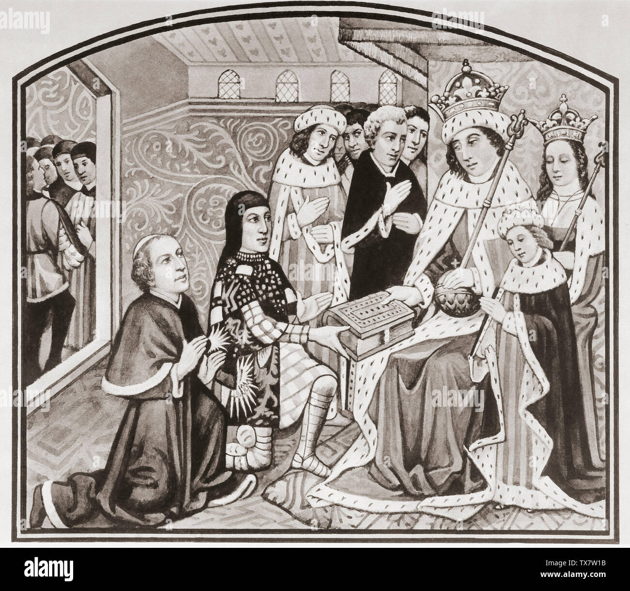Anthony Woodville, 2nd Earl Rivers (kneeling, second from left, wearing a tabard displaying his armorials) and William Caxton (kneeling, 1st left ) presenting the first printed book in English (Dictes and Sayings of the Philosophers) to King Edward IV and Woodville's sister, Queen Elizabeth.  From a contemporary print, c.1935. Stock Photo